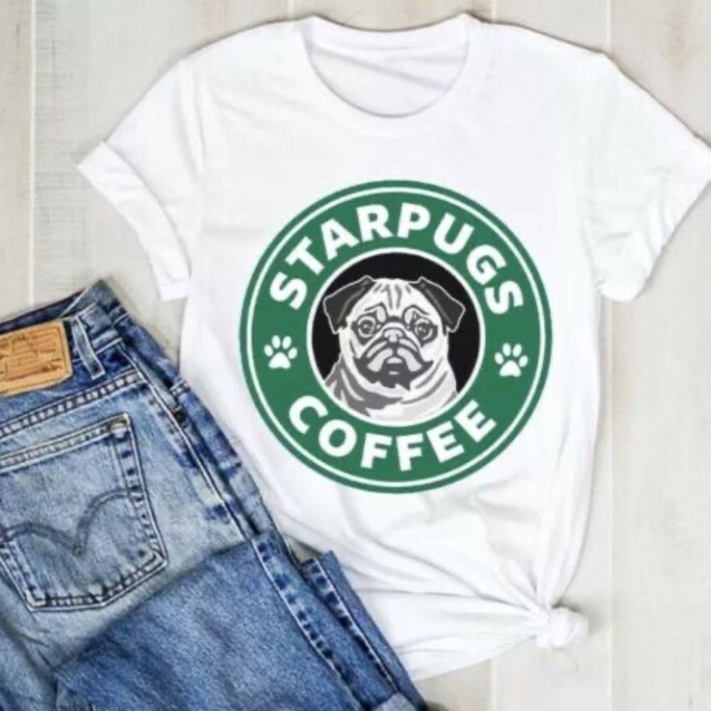 NWOT White Short Sleeve Coffee & Pug Dog T-Shirt Women 3XL(Actual L-XL) China